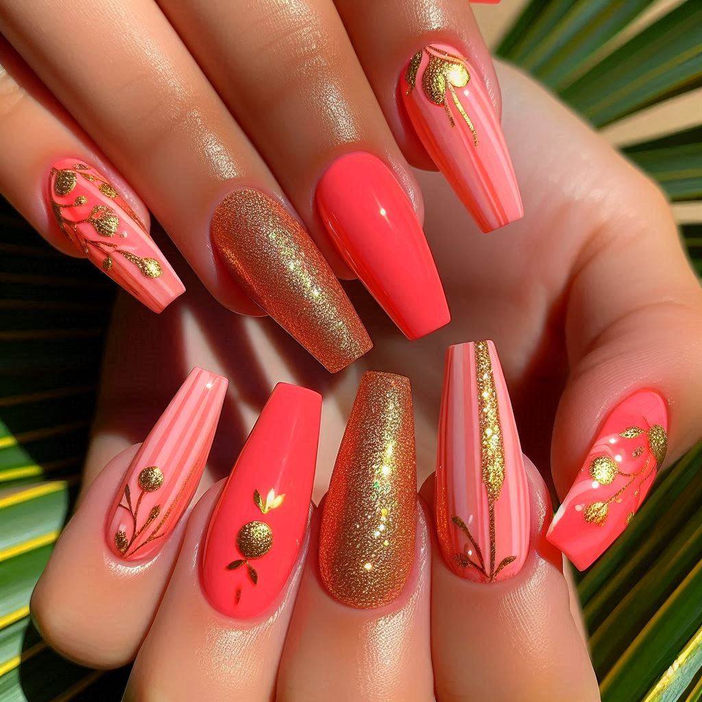 Girly Acrylic Nails Coral and Gold 