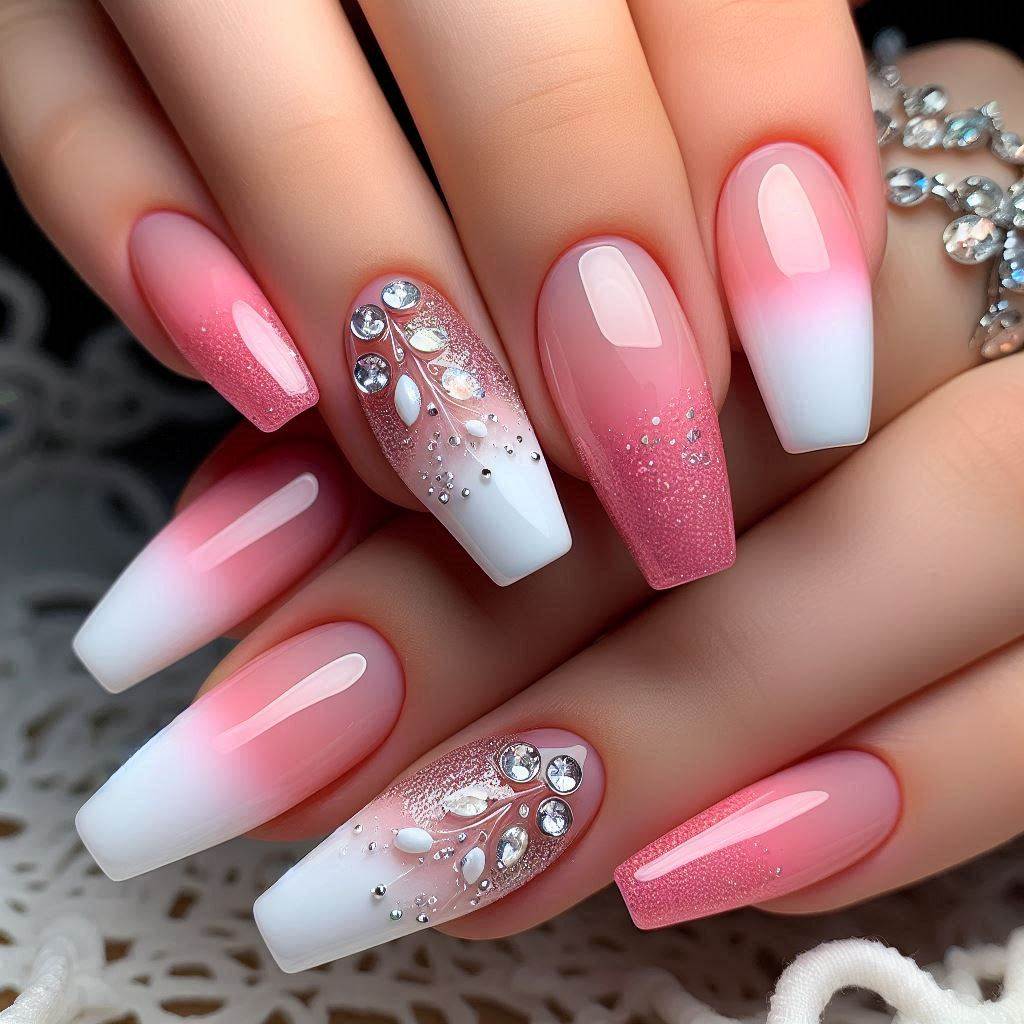 Pink and White Ombre French Tip Nails with Bling for a Soft Glow