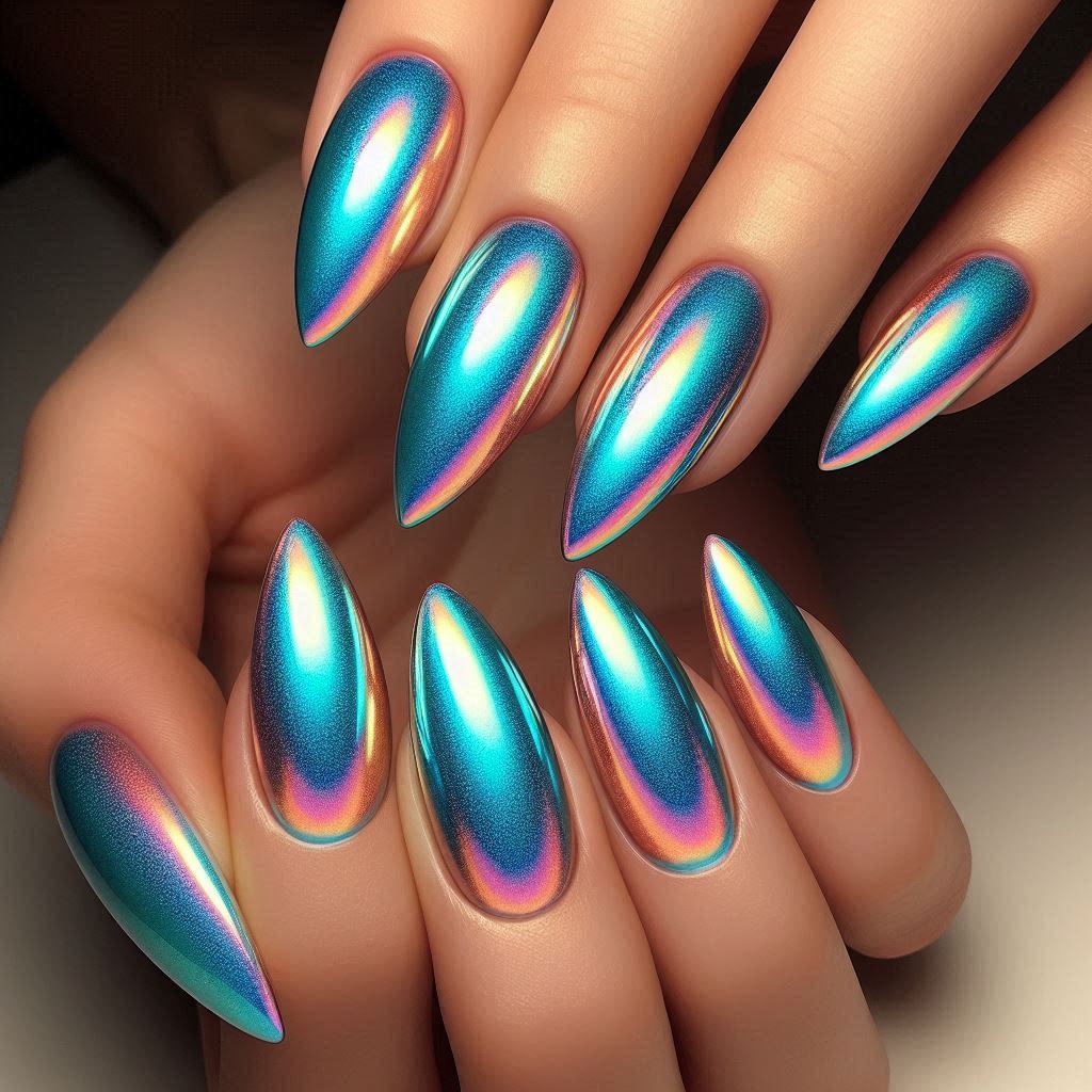 Holographic Aqua Blue Nails