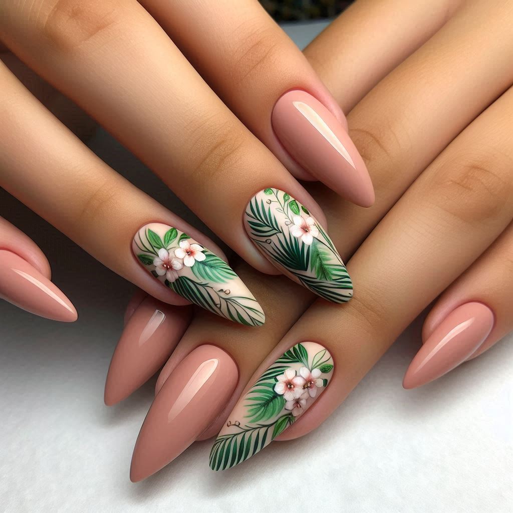 Tropical Leaf Ballerina Nails for a Vacation-Ready Style