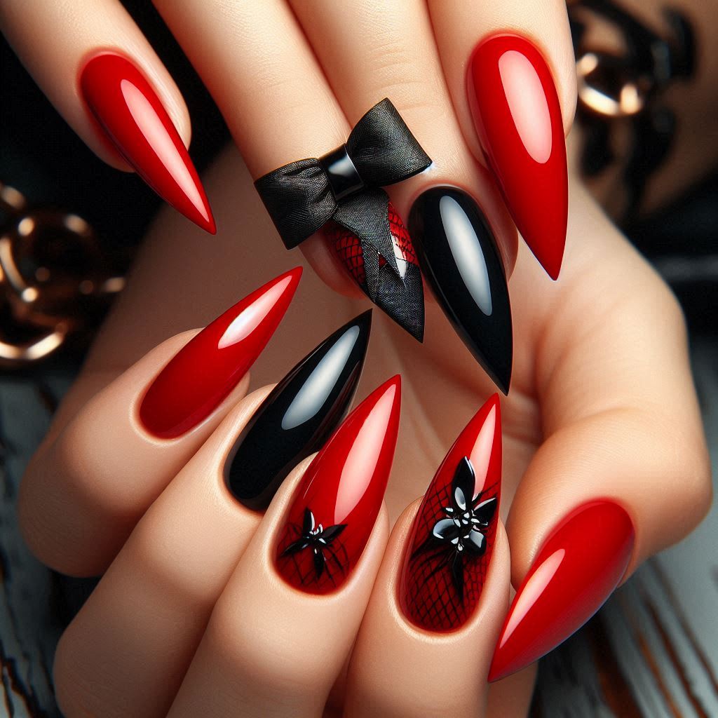 Stiletto Red Nails with Black Bow Design