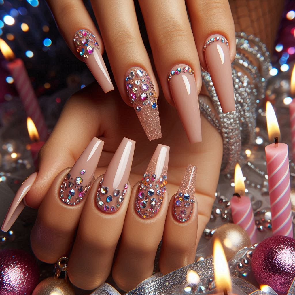 Long Coffin Acrylic Nails Birthday with Rhinestones