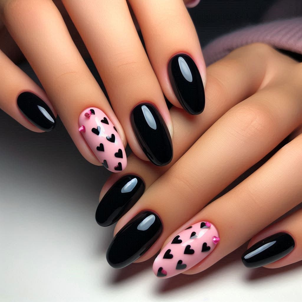 Black Nails with Pink Heart Details