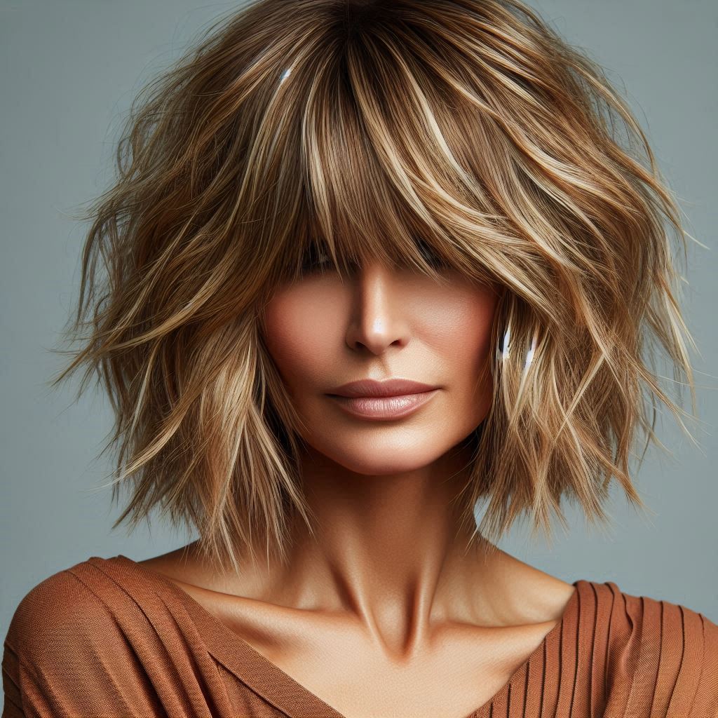 Shoulder-Length Choppy Layers with Textured Bangs