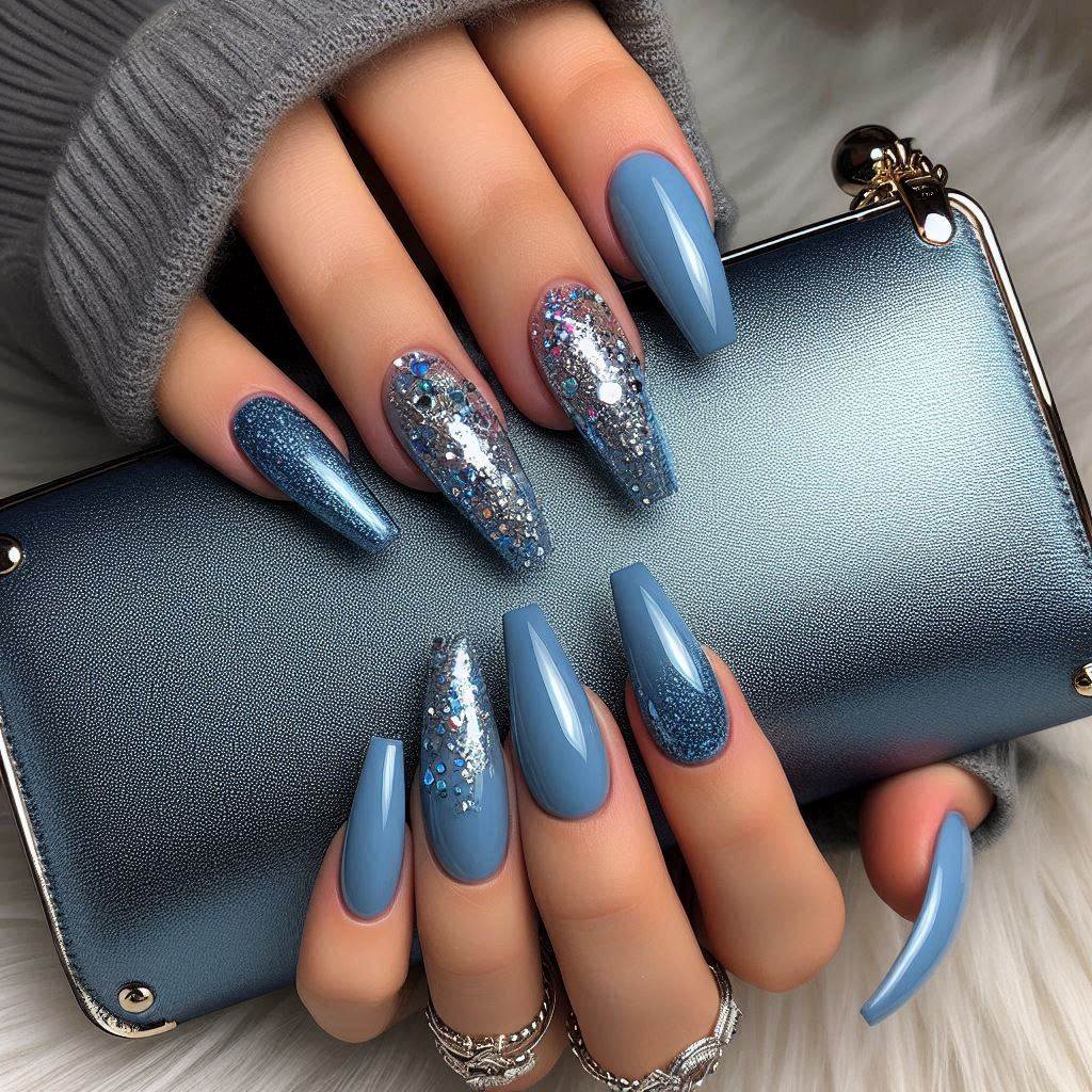 Coffin-Shaped Blue Nails with Glitter