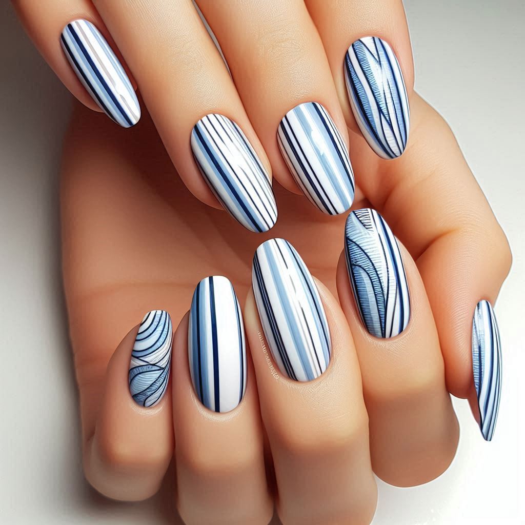 Blue Striped Nails