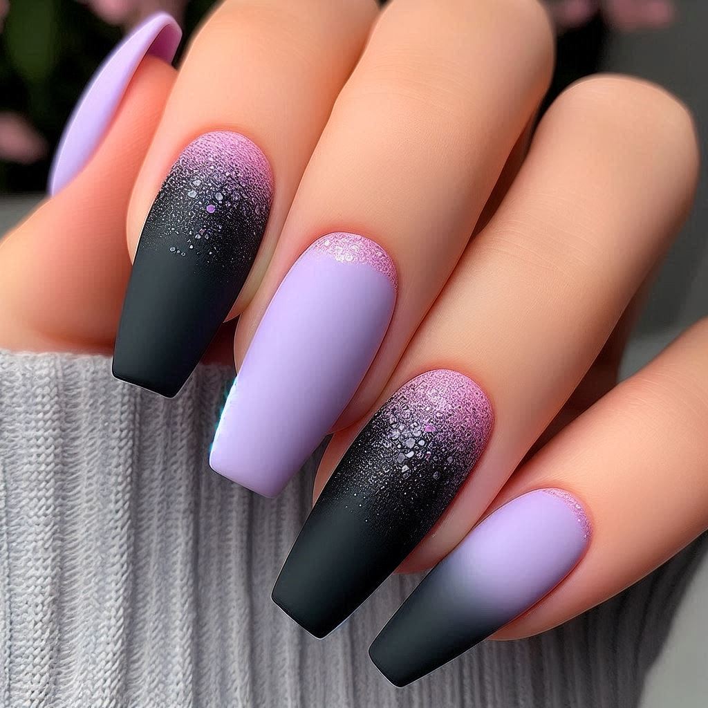 Amethyst Dream: Matte Black with Lavender Glitter Ombre