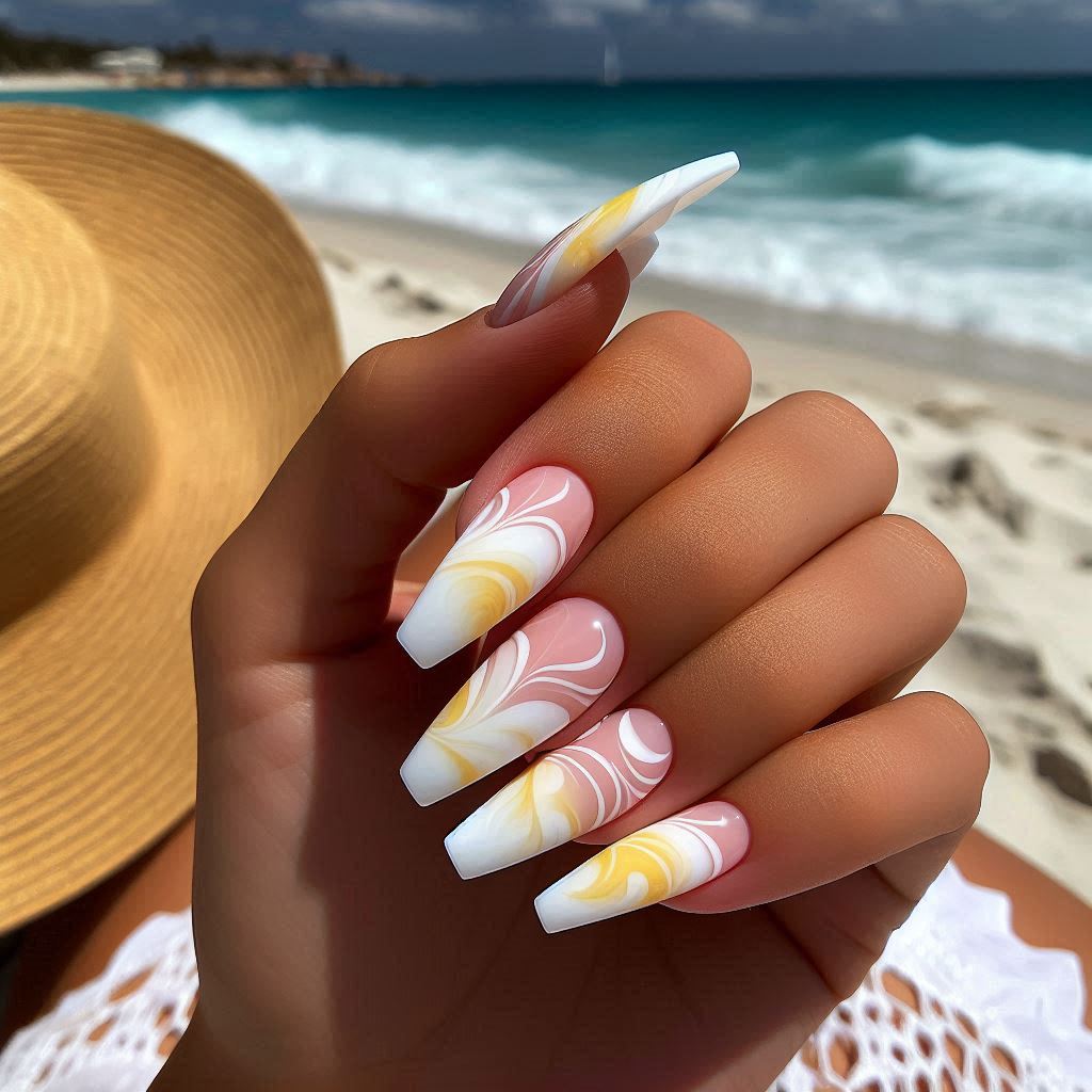 Yellow and White Swirl Nails for a Playful Twist