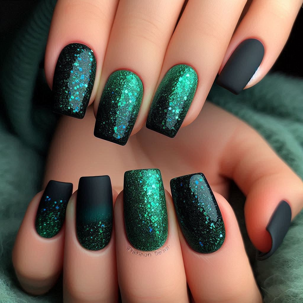 Enchanted Forest: Matte Black with Green Glitter Ombre