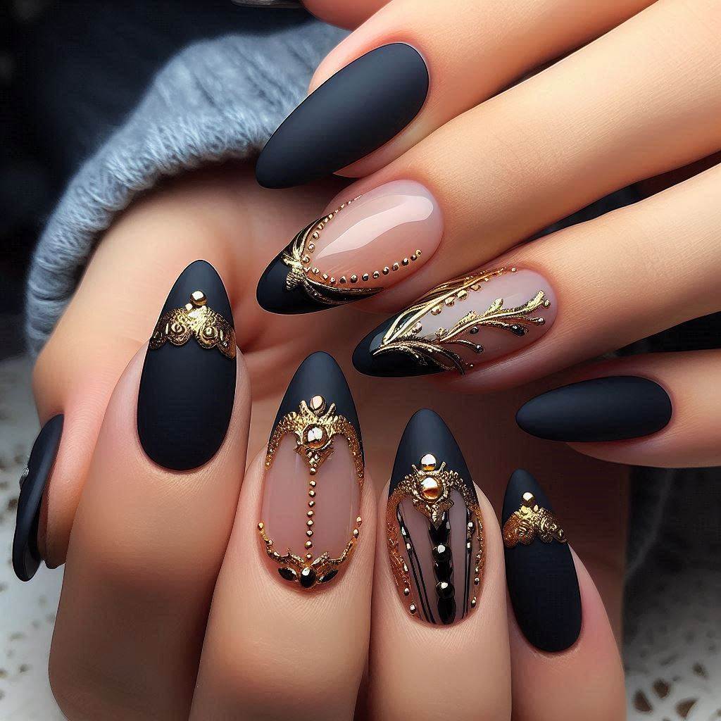 Gel Nails French Tip: Matte Black with Gold Detailing