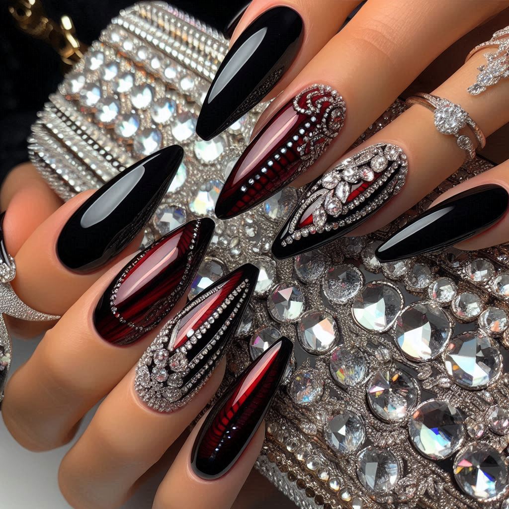 Black and Red Stiletto Nails with Rhinestones