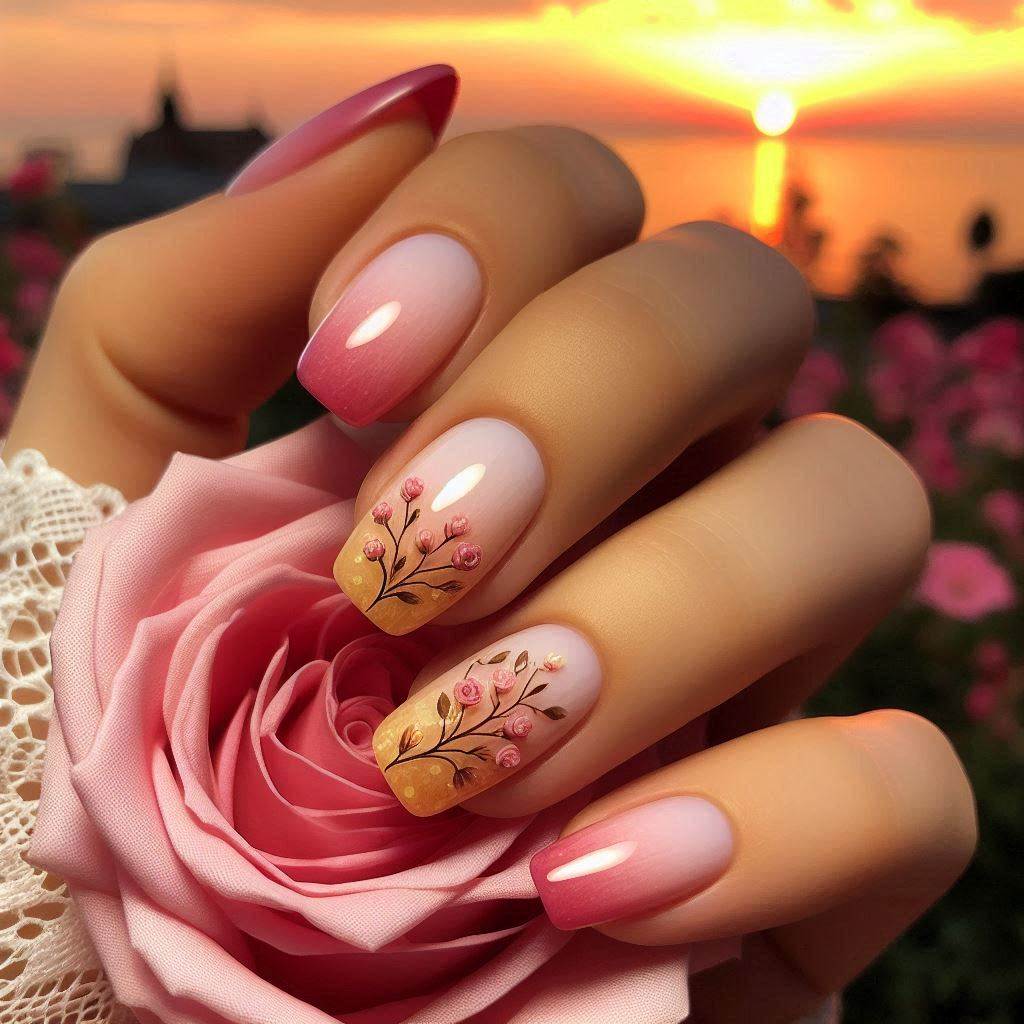 Romantic Pink and Yellow Nails Acrylic Short