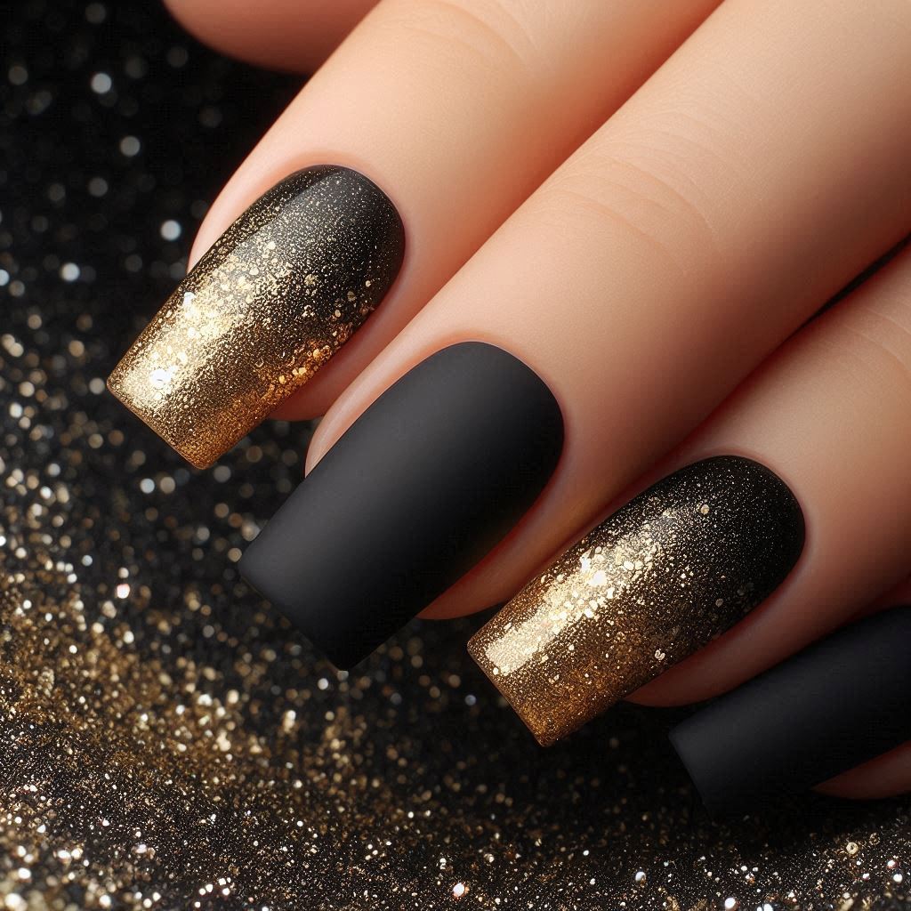 Black Diamond Elegance: Matte Black with Gold Glitter Ombre