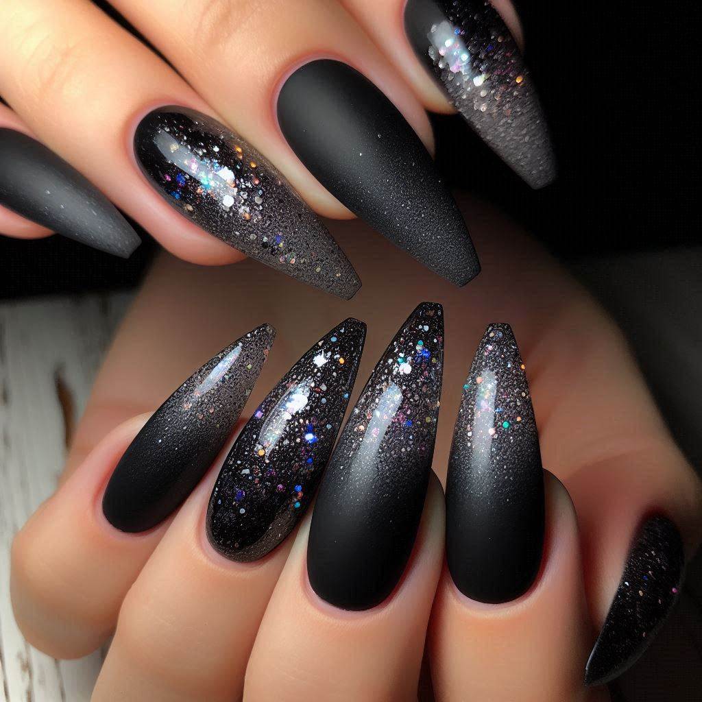  Midnight Magic: Matte Black with Silver Glitter Ombre