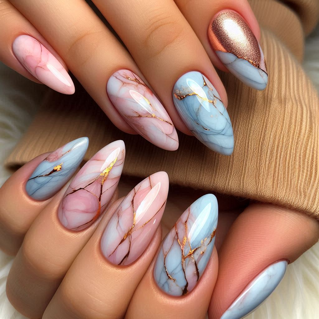 Blue & Pink Marble Nails – A Luxurious Swirl