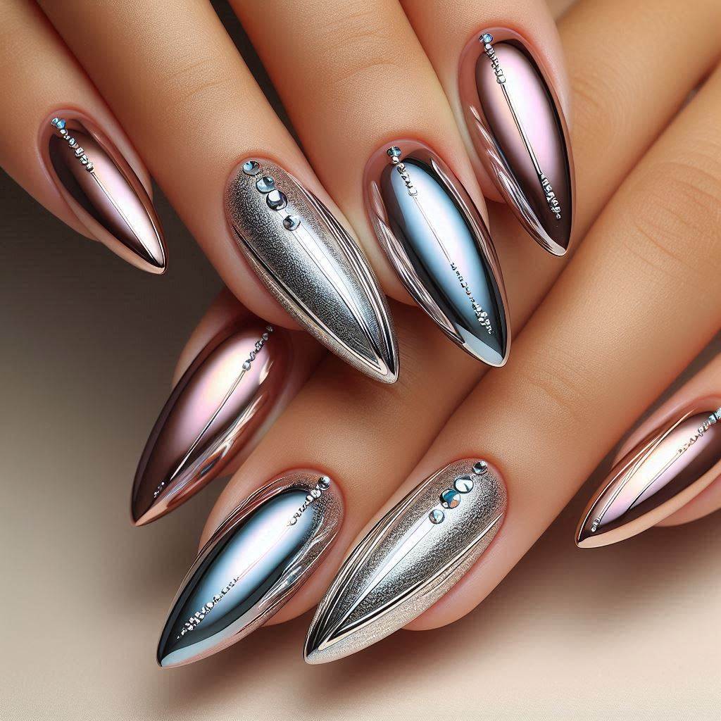 3D Chrome French Tip Nails Almond