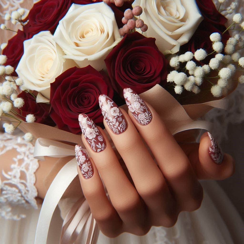 Burgundy Floral Nails