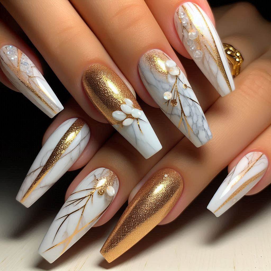 Girly Acrylic Nails White and Gold