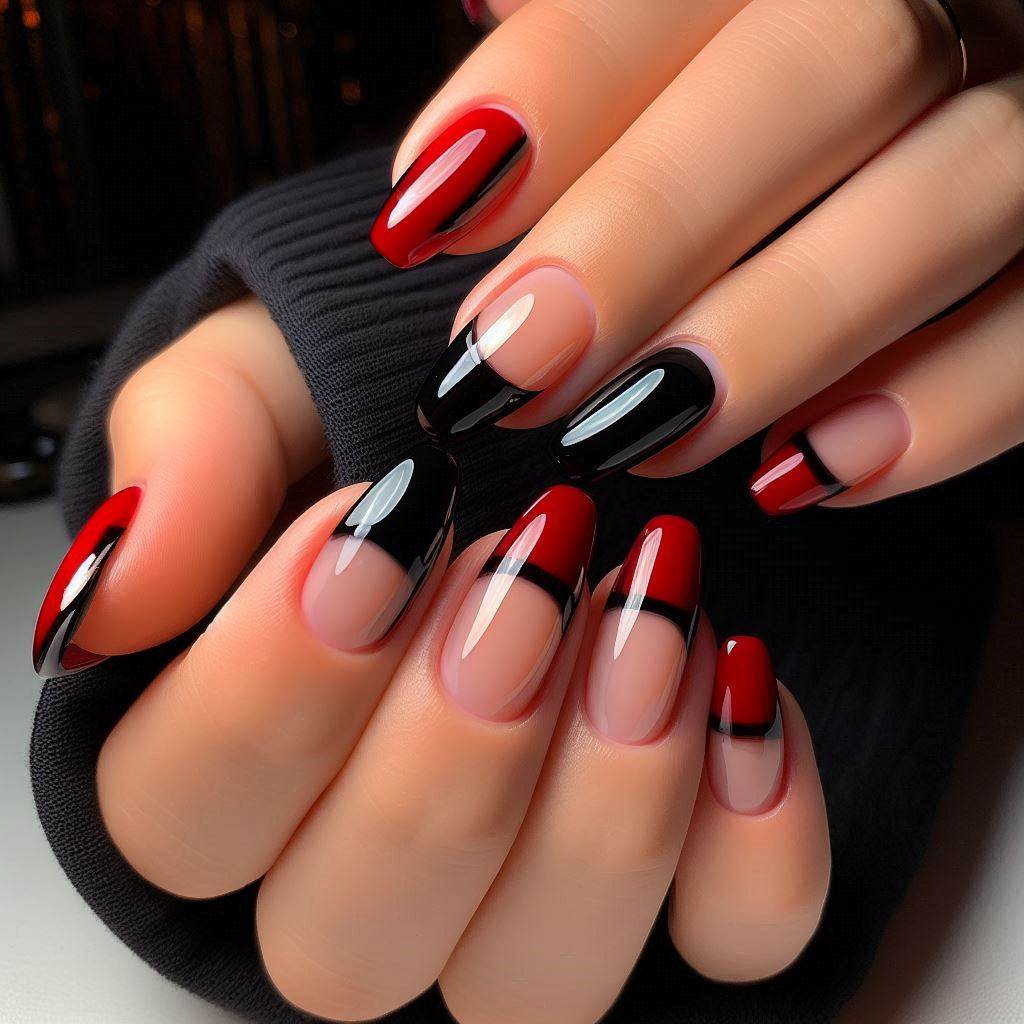 Red and Black French Tip Nails for a Mysterious Edge