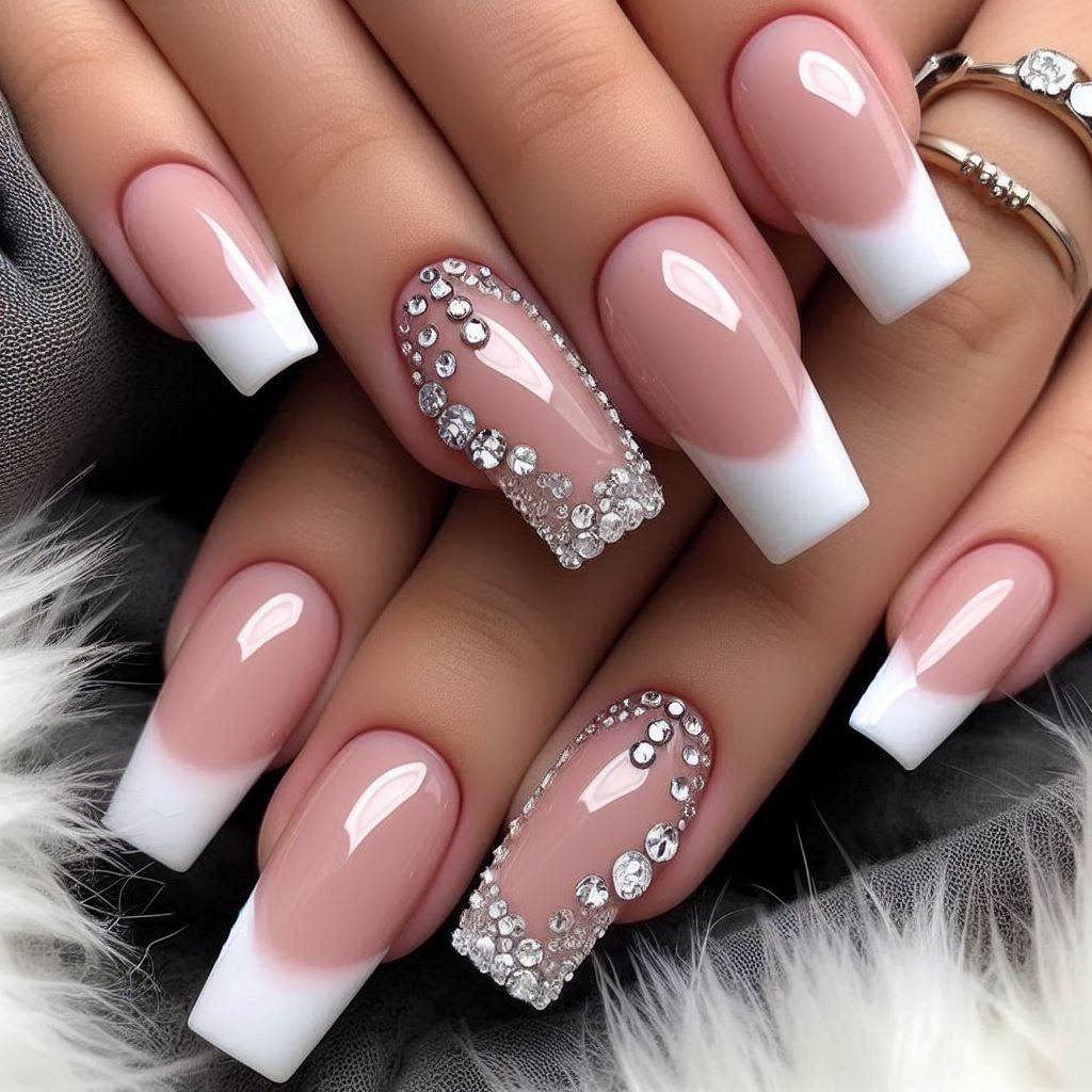 Short Square French Tip Acrylic Nails with Bling