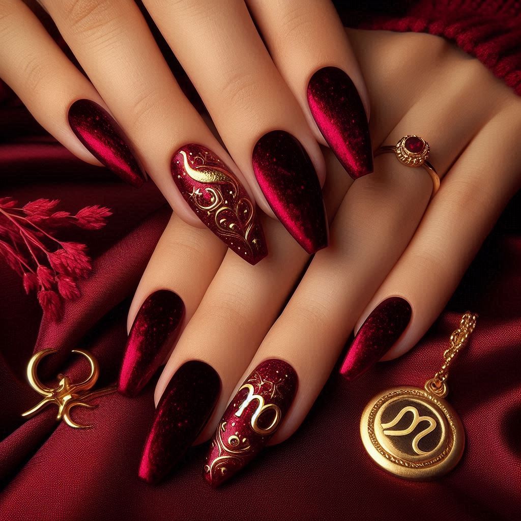 Red Velvet Nails with Gold Capricorn Symbol