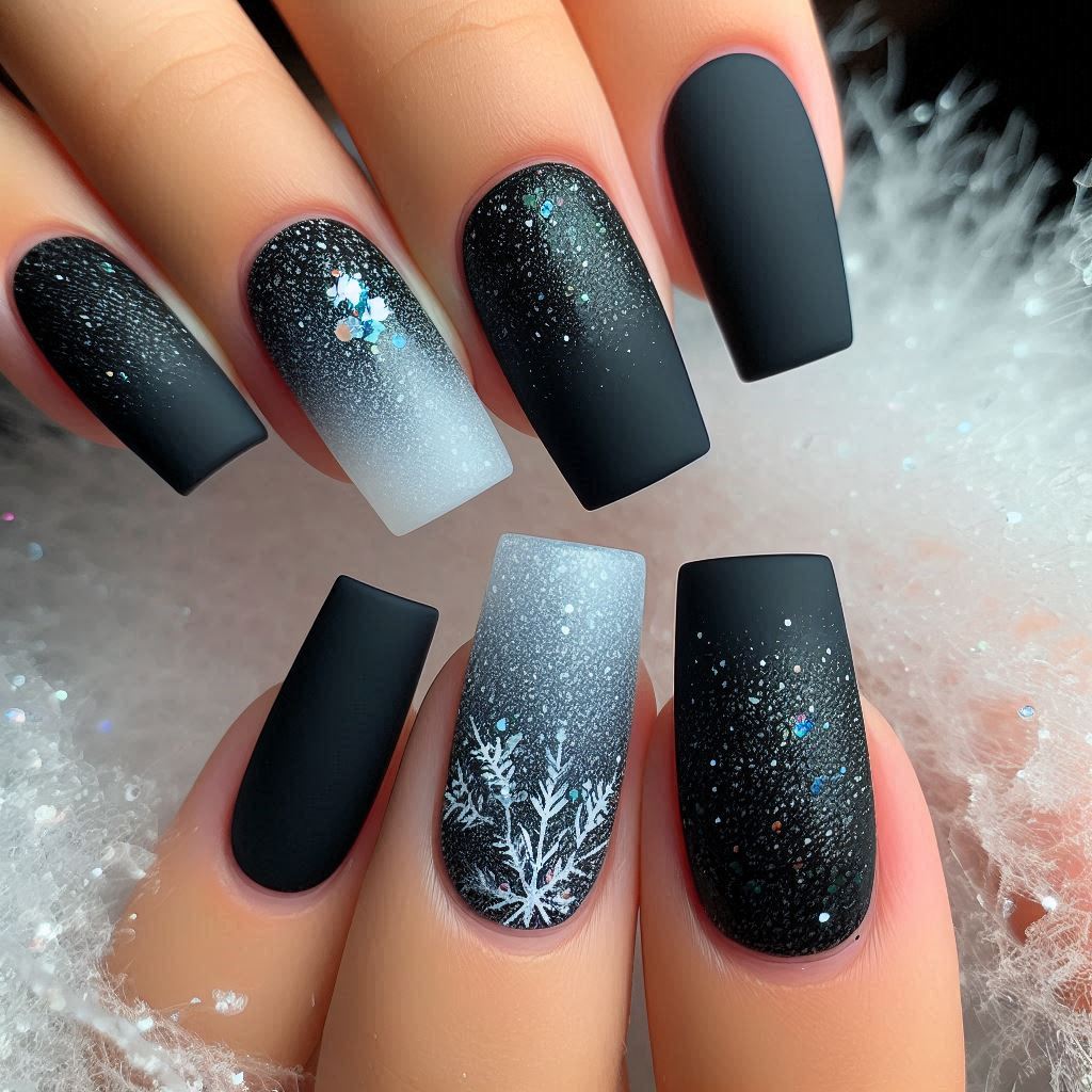  Ice Queen: Matte Black with White Glitter Ombre