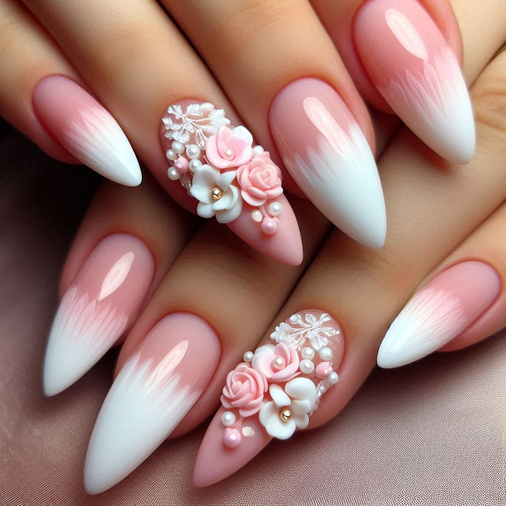 French Tip Nails with 3D Flower Almond