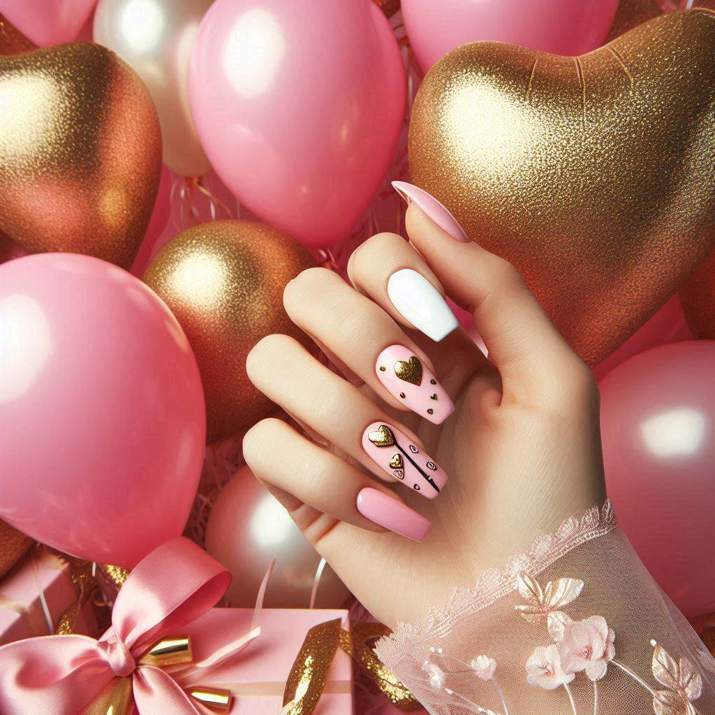 Romantic Birthday Nails Pink, White, and Gold with Hearts