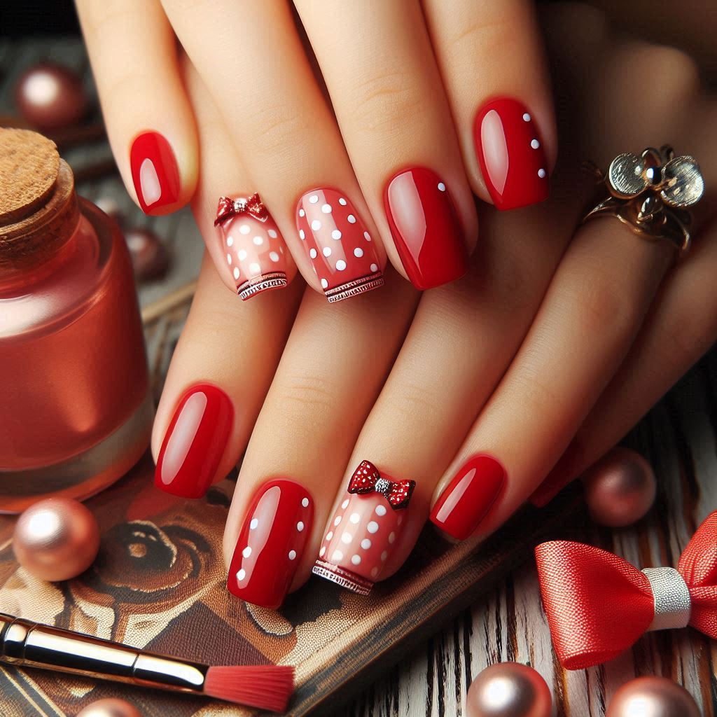 Red Nails with White Polka Dots & Bow