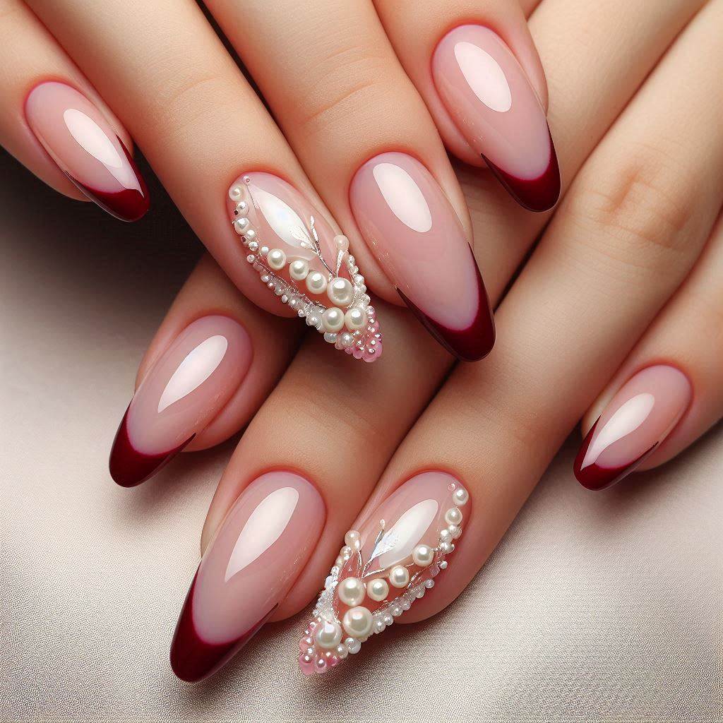 Red French Tip Nails with Pearl Accents for a Sophisticated Look