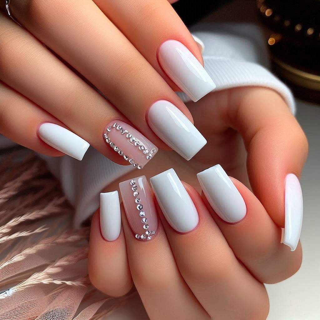 Short White Acrylic Nails Square with Bling