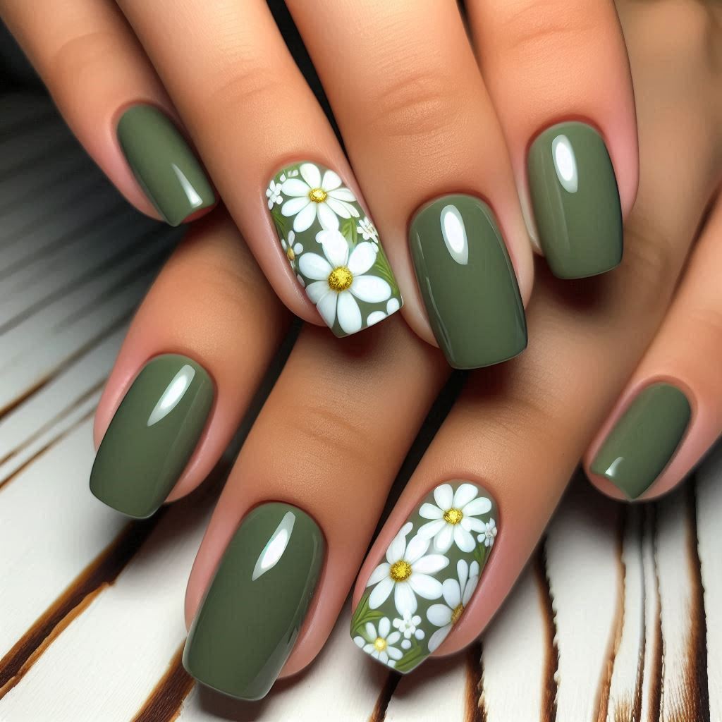 Olive Green & White Daisy Nails