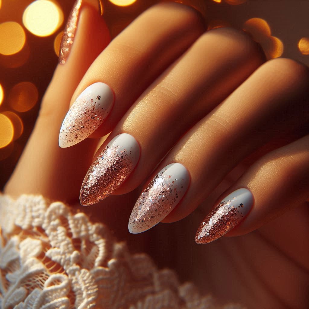 Rose Gold and White Ombre Almond Nails for a Trendy Edge