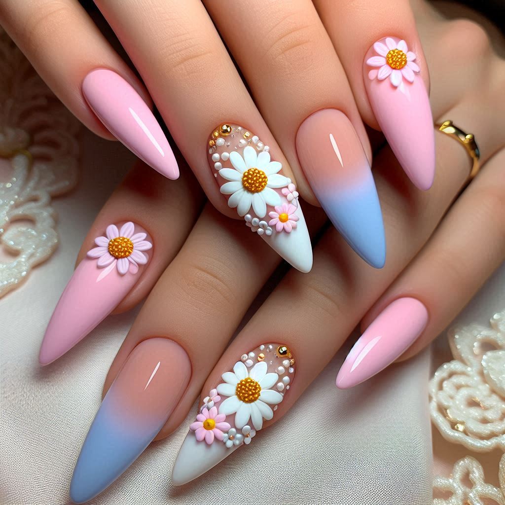 French Tip Almond Nails with 3D Flowers 