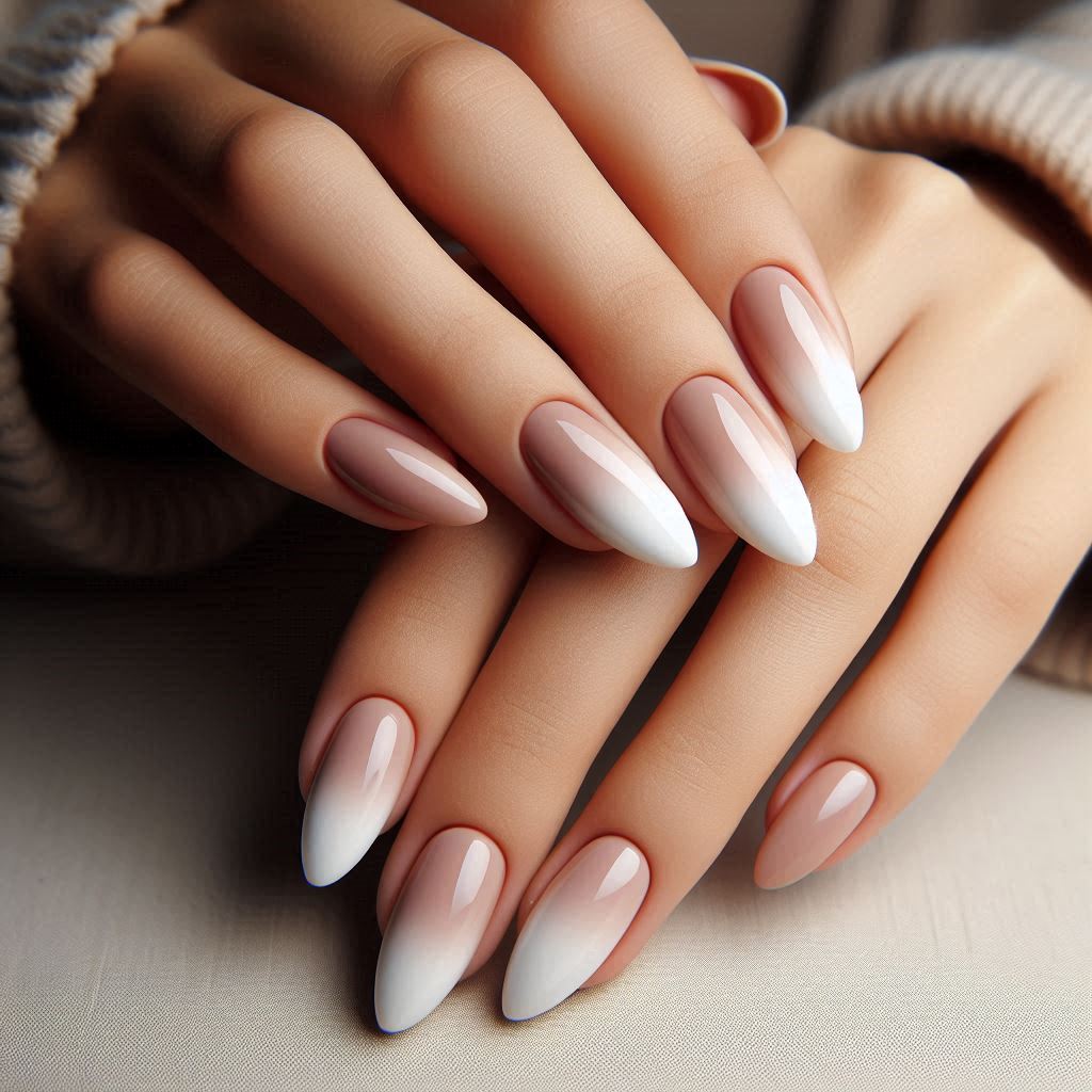 Subtle Nude and White Ombre Almond Nails for a Natural Look