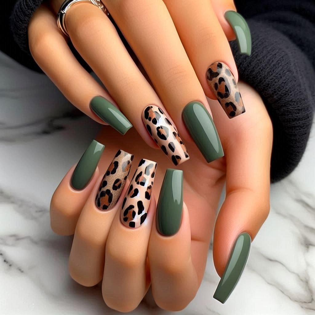 Olive Green & Leopard Print Accents