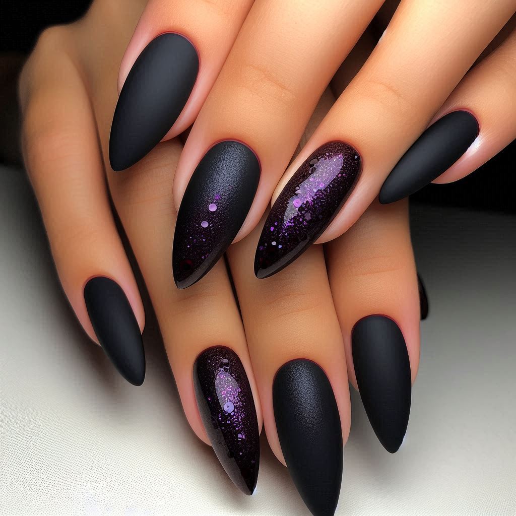 Gothic Glam: Matte Black with Purple Glitter Ombre