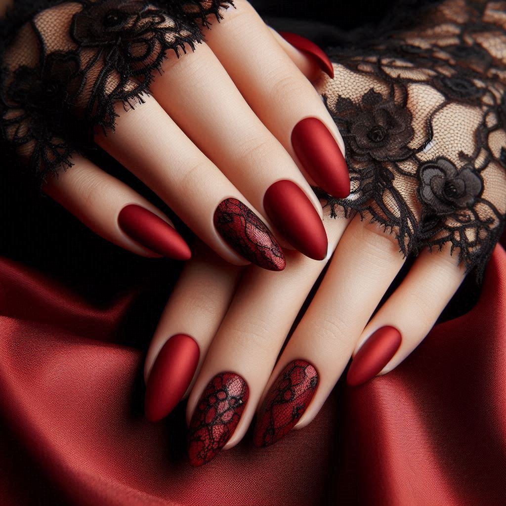 Velvet Red Nails with Black Lace Details