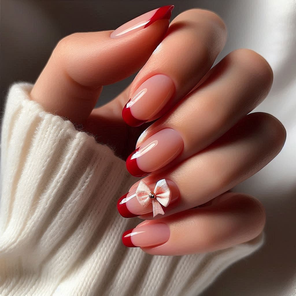 Red French Tip Nails with a Bow for a Cute & Playful Touch