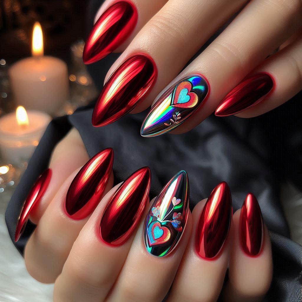 Red Chrome with Holographic Heart Motifs