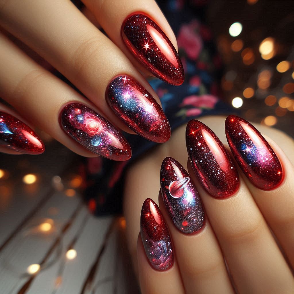 Galaxy-Inspired Red Unicorn Chrome Nails