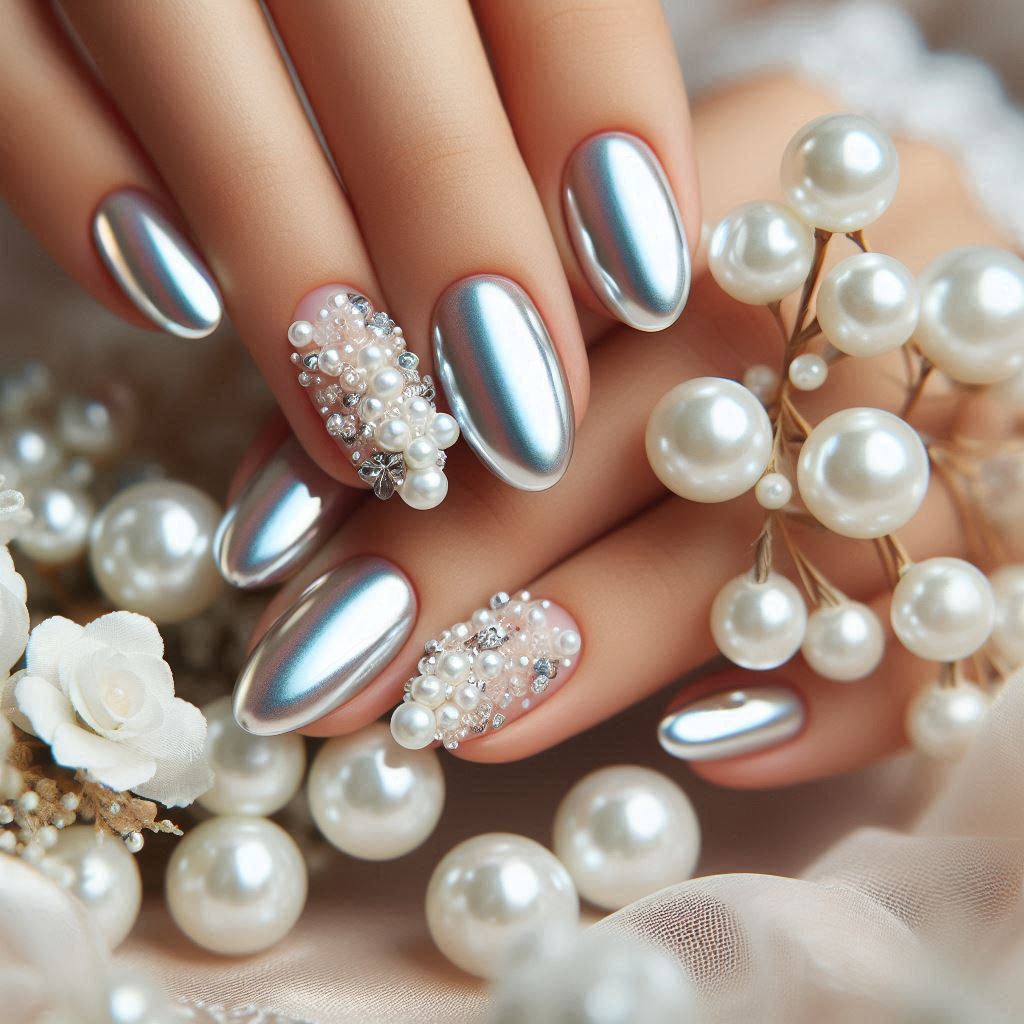 Chrome Nails with 3D Pearls or Crystals
