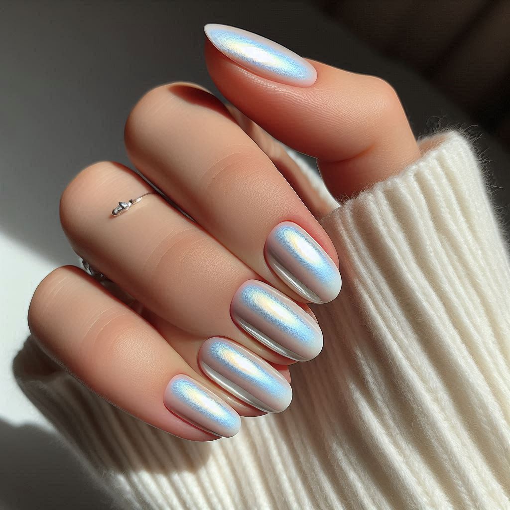 Short Round Pearl Chrome Nails