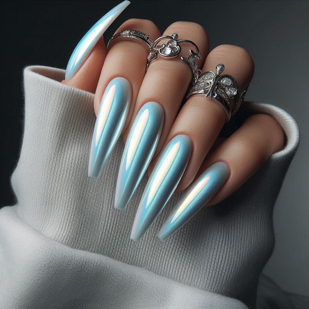 Icy White Chrome Coffin Nails