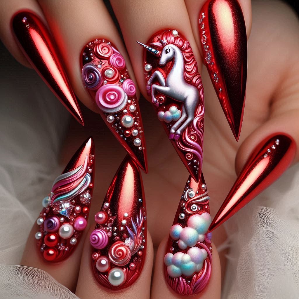 Red Chrome with 3D Unicorn Art and Pearls