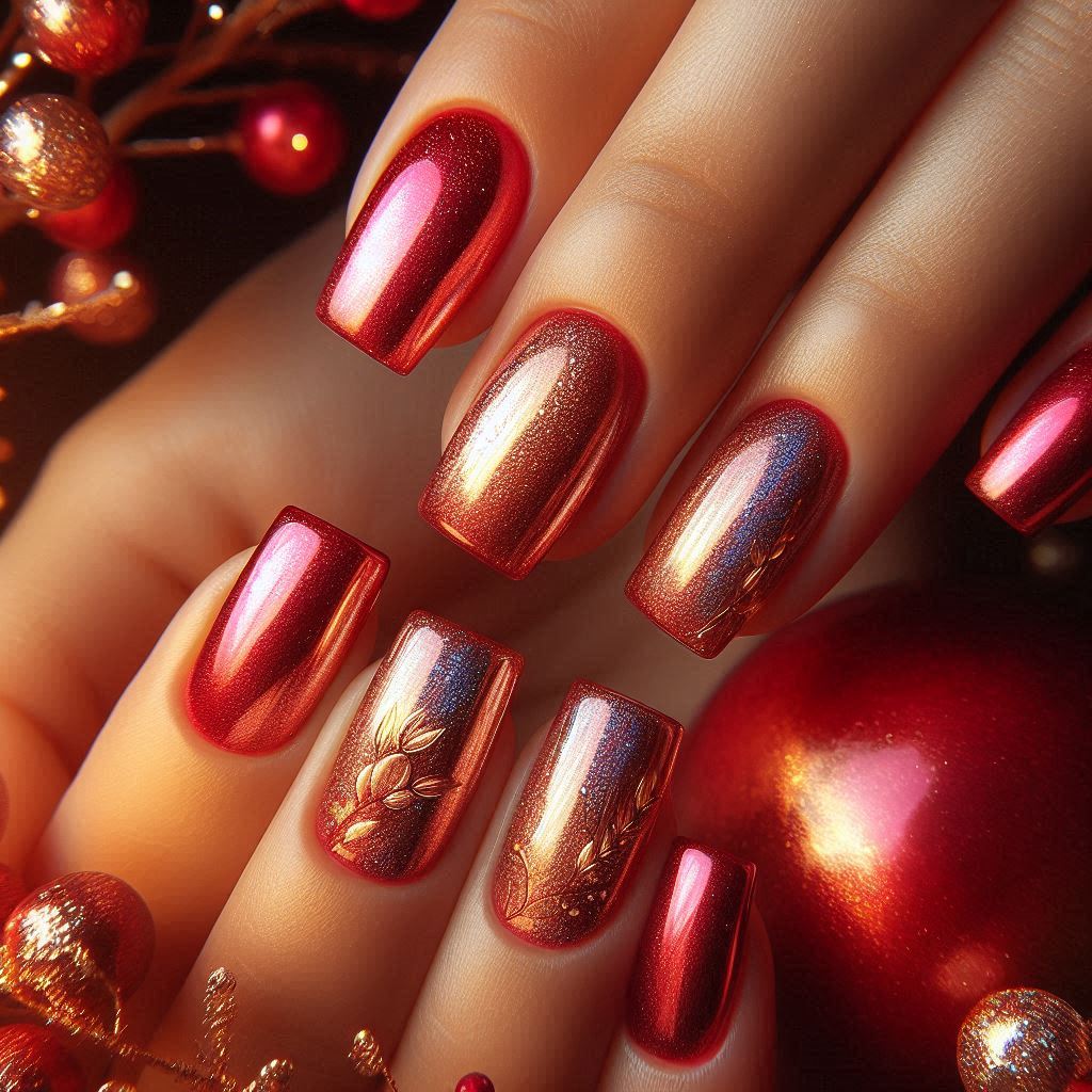 Cherry Chrome Nails with Golden Unicorn Dust