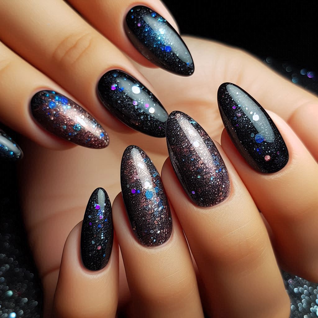Galaxy Black Chrome Nails