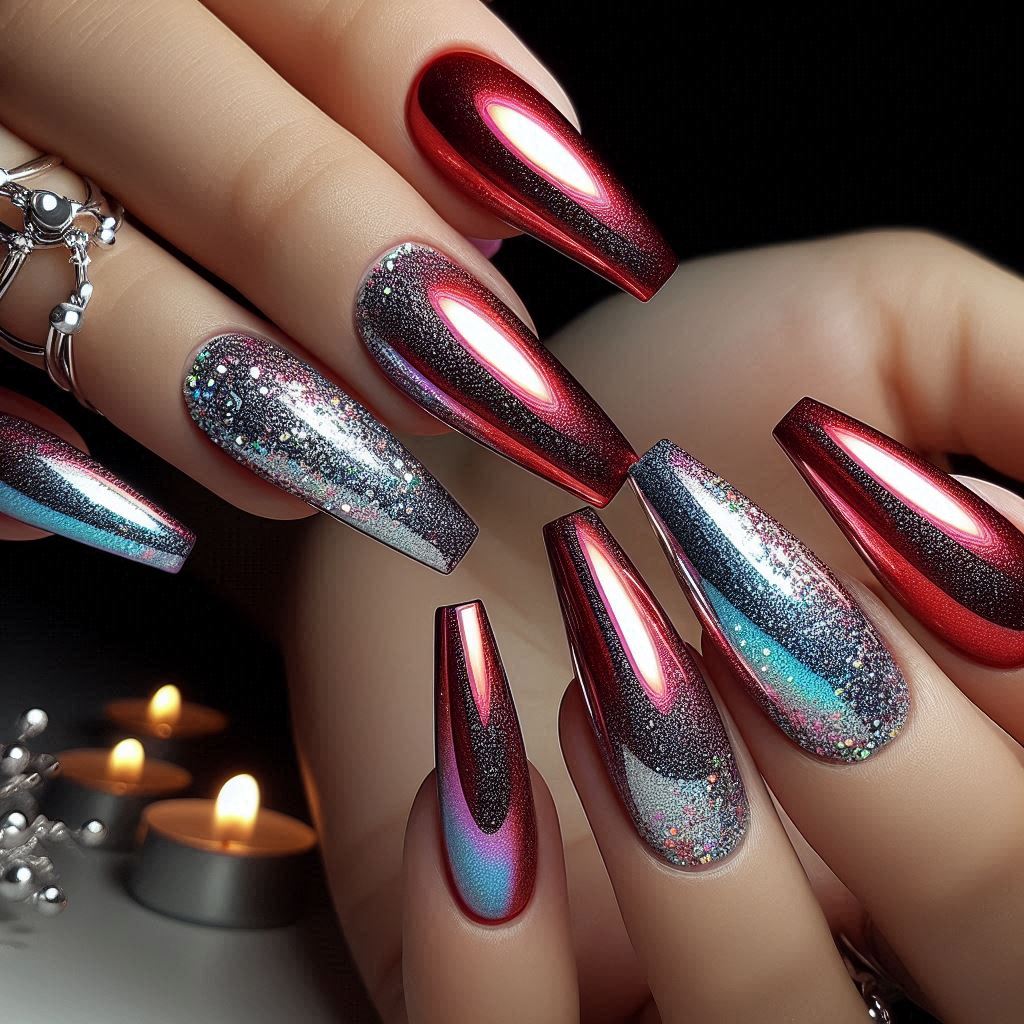 Glitter Fade on Red Unicorn Chrome Base