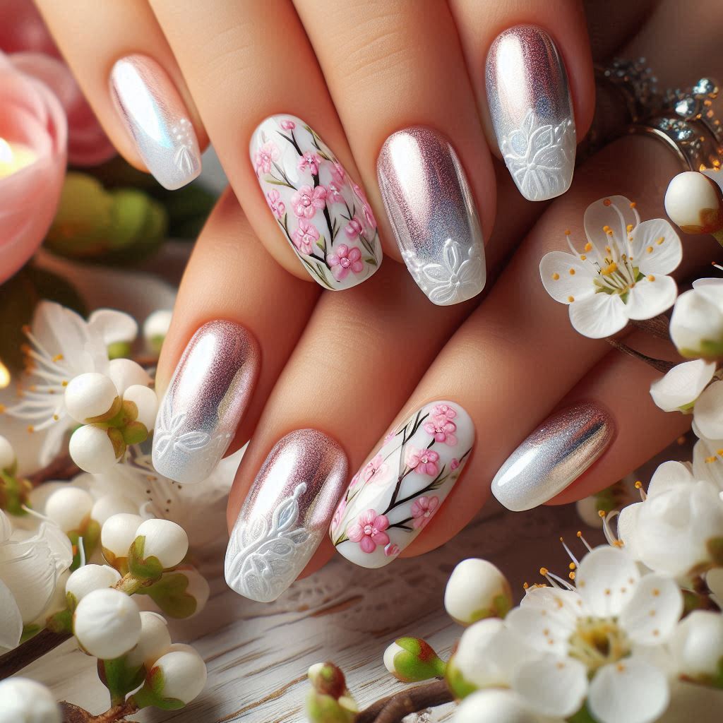 Floral Pearl Chrome Nails