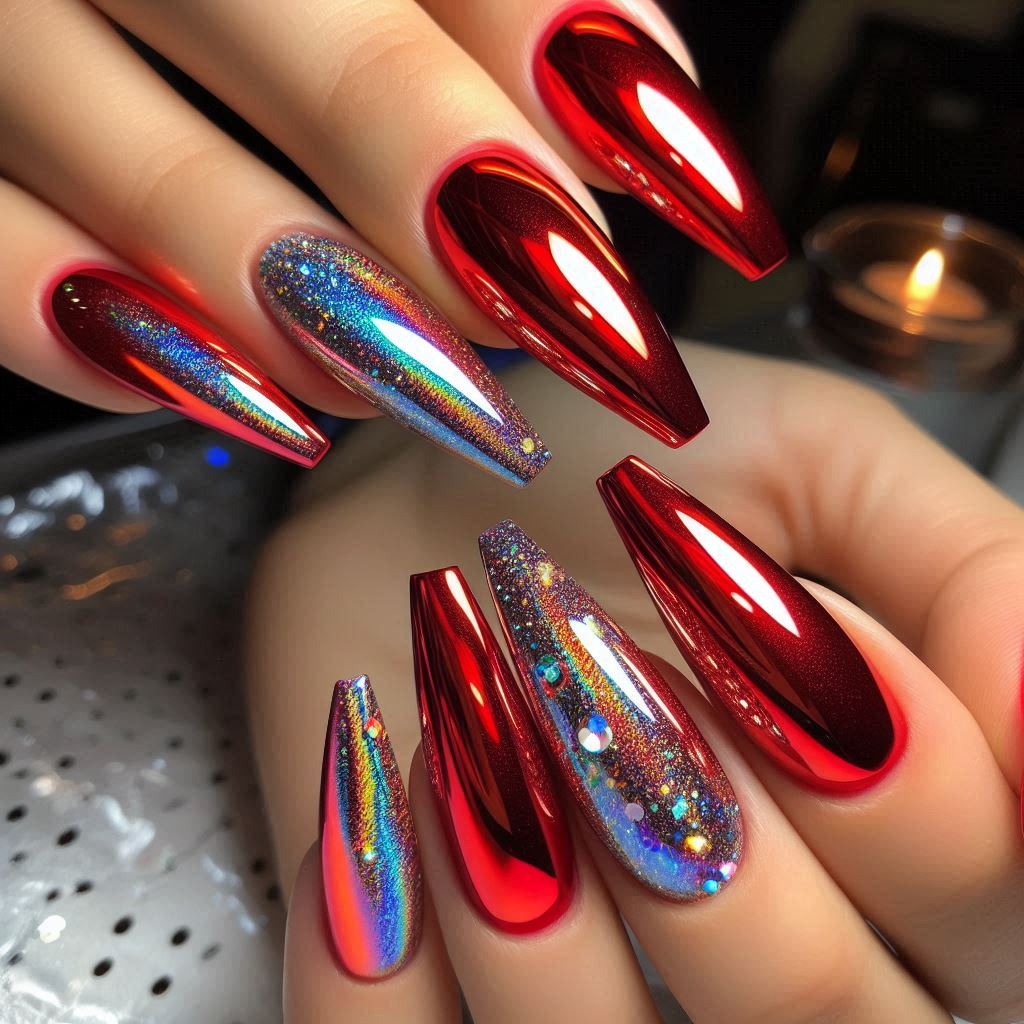 Red Chrome Nails with Holographic Accent